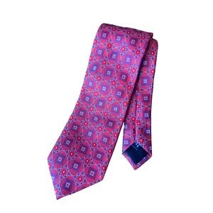 Paul Fredrick Mens Silk Tie Red Blue Geometric Floral Medallion Made in Italy